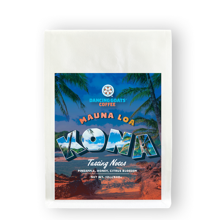 12oz bag of Mauna Loa Kona with tasting notes of Pineapple, Honey, and Citrus Blossom