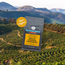 image of Brazil coffee bag over landscape of Brazil coffee farm