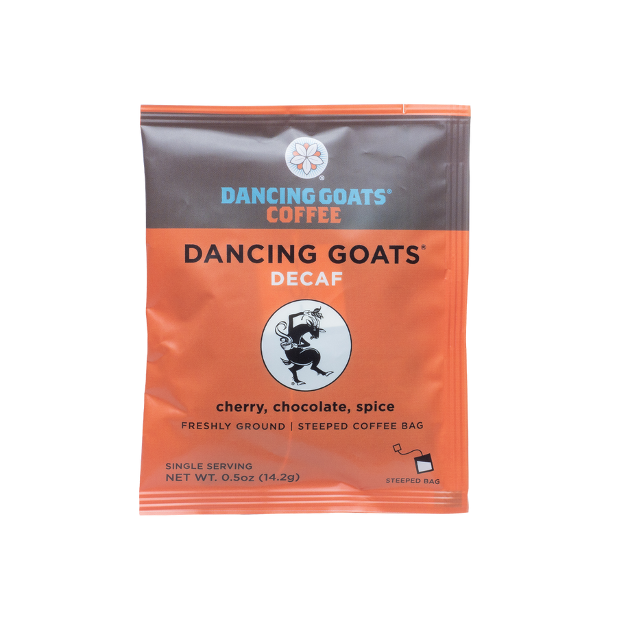5-Pack of Steeped Decaf Dancing Goats®.  This single-serve option coffee is an environmentally responsible, solution focused on exceptional coffee in a fully compostable package. Ethically-sourced, Dancing Goats® Coffee is micro-batched, locally roasted, and nitrogen-sealed in Guilt-Free Packaging™.  All you need to brew is hot water and a mug.