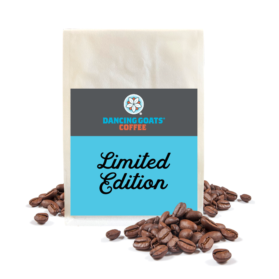 Image of a 12oz bag limited edition coffee with coffee beans
