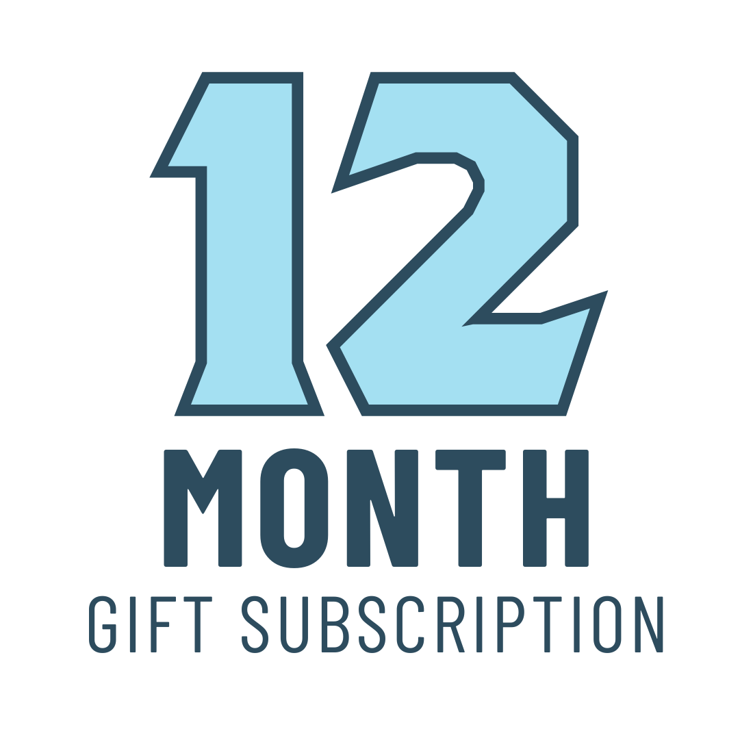 12 month gift subscription text with blue numbers on a white background