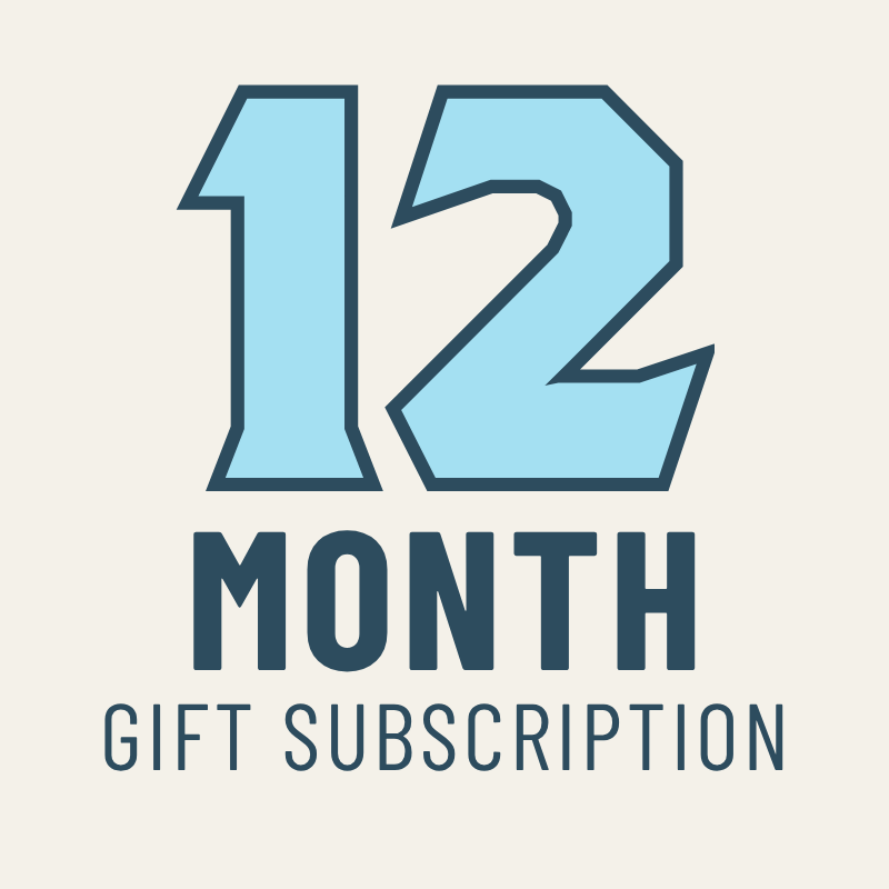 12 month gift subscription text with blue numbers on a white background