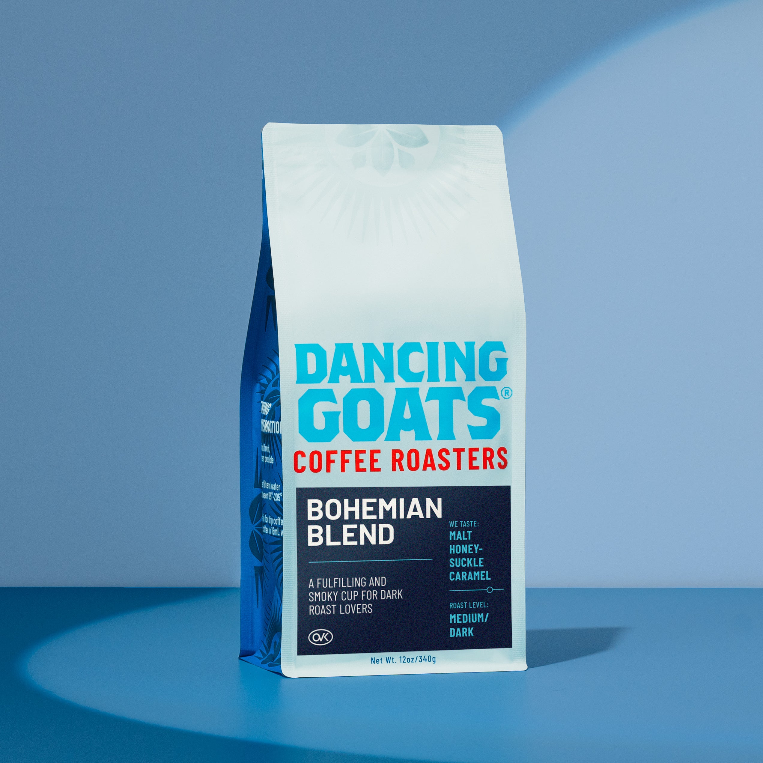 Dancing Goats Coffee Roasters Bohemian Blend coffee bag on a blue background