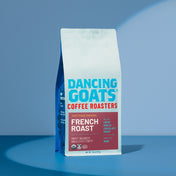 Dancing Goats Coffee Roasters French Roast coffee bag on a blue background