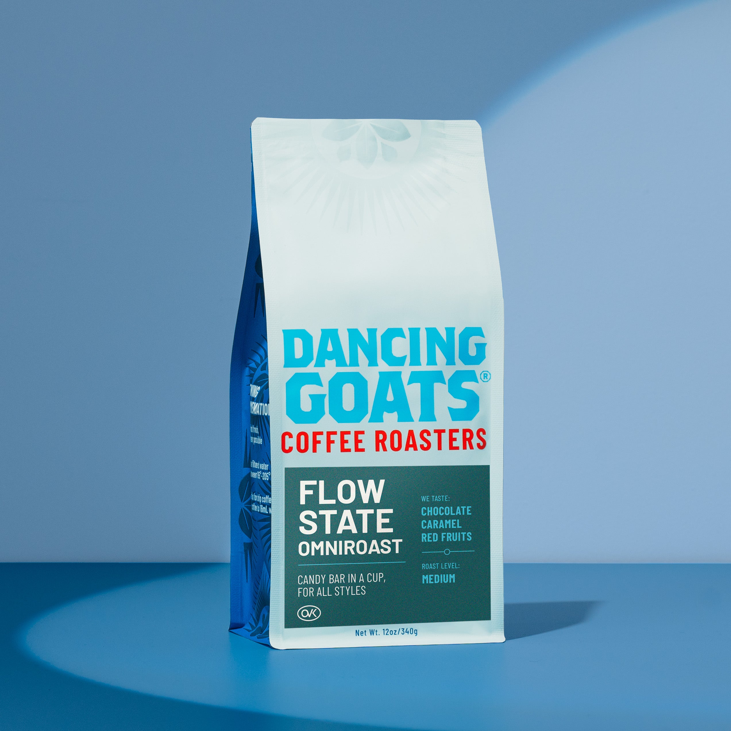 Dancing Goats Coffee Roasters package on a blue background