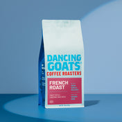 Dancing Goats Coffee Roasters French Roast coffee bag on a blue background