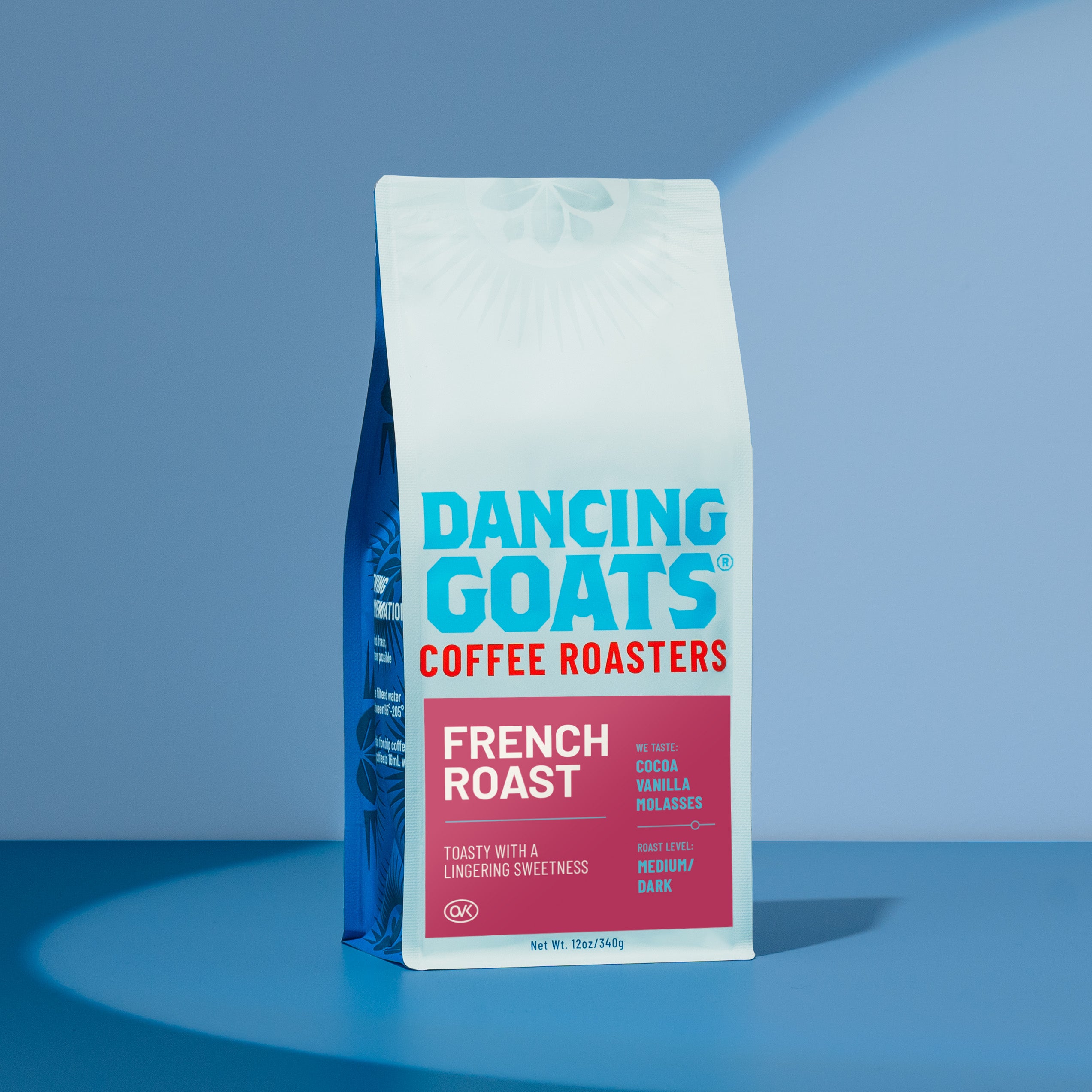Dancing Goats Coffee Roasters French Roast coffee bag on a blue background