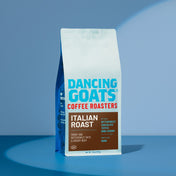 Dancing Goats Coffee Roasters Italian Roast coffee bag on a blue background