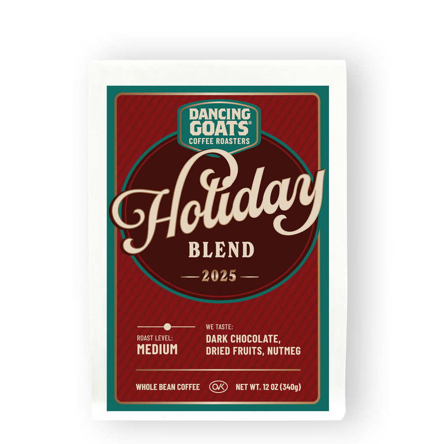 Dancing Goats Coffee Roasters Holiday Blend 2025 coffee package on a white background