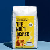 Coffee bag labeled 'The Multi-Tasker by Alton Brown' with a blue and white background
