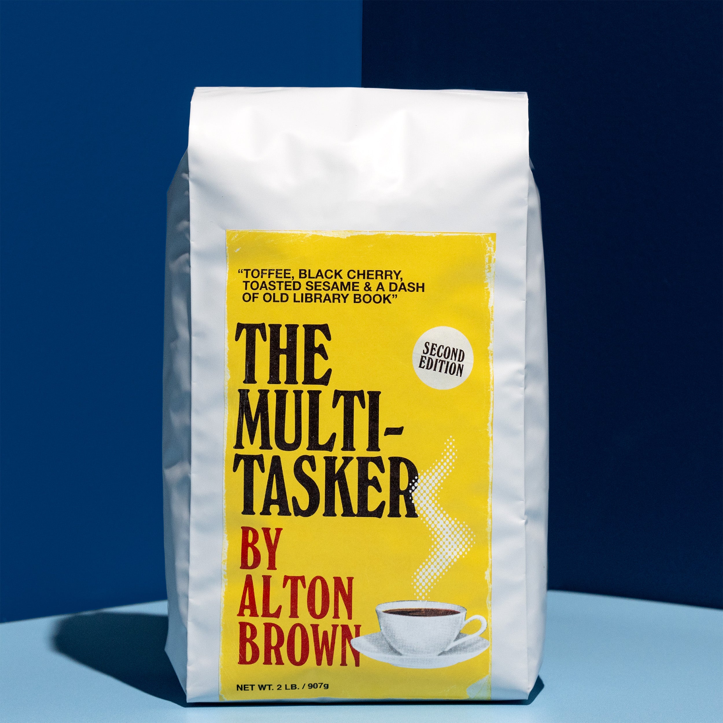 Coffee bag labeled 'The Multi-Tasker by Alton Brown' with a blue and white background