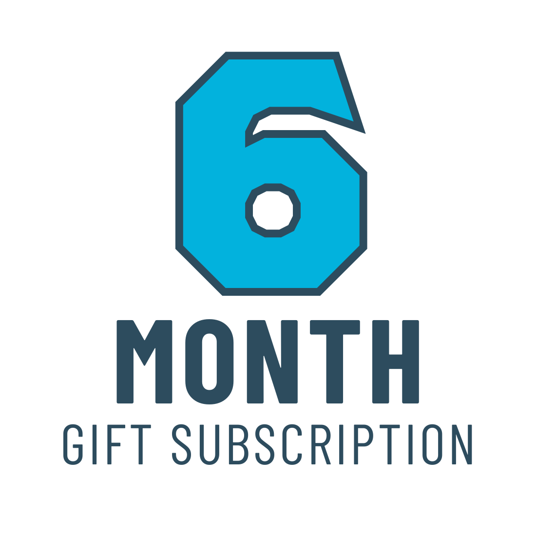 6 month gift subscription logo with a blue number 6 on a white background