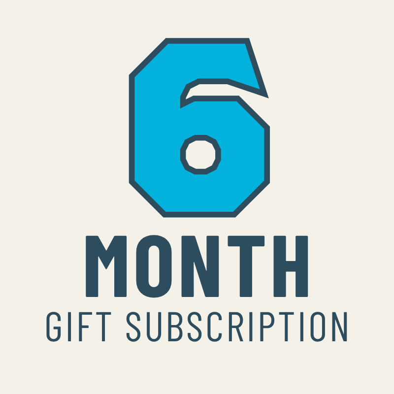 6 month gift subscription logo with a blue number 6 on a white background