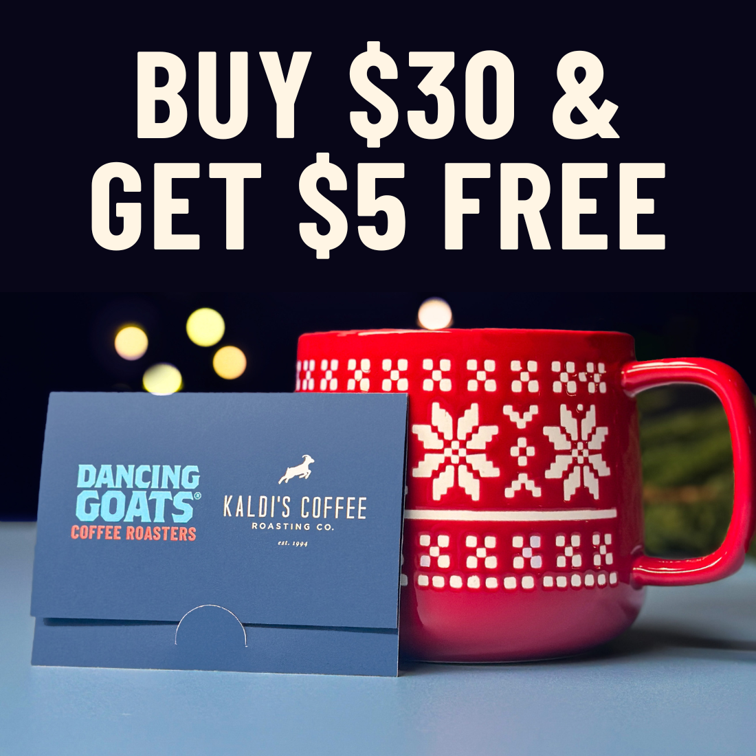 Red mug with white patterns and a blue gift card on a dark background with promotional text.