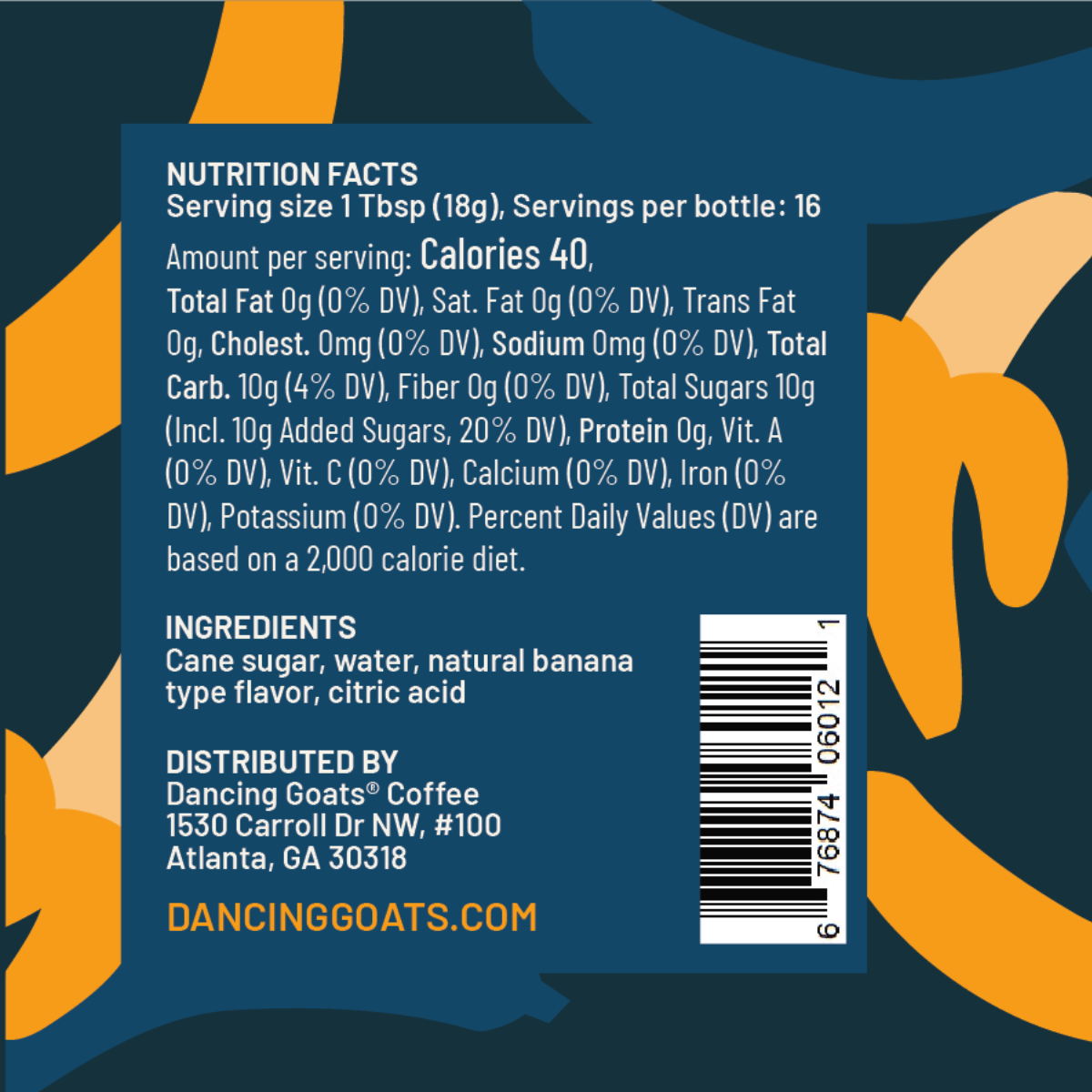 Back of a beverage can or bottle package showing nutrition facts, ingredients, and a barcode over a dark blue background with orange abstract shapes. Visible text includes Dancing Goats Coffee and dancinggoats.