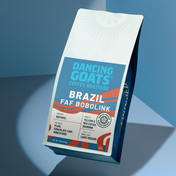 Dancing Goats Coffee Roasters Brazil FAF Bobolink coffee bag on a blue gradient background