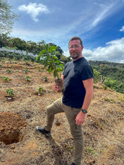 Man standing in coffee field holding coffee plant