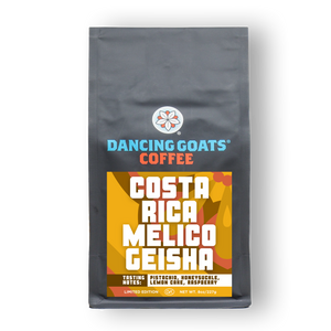 Dancing Goats Coffee Costa Rica Melico Geisha coffee bag on a white background