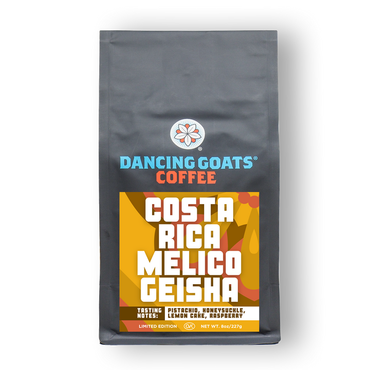 Dancing Goats Coffee Costa Rica Melico Geisha coffee bag on a white background