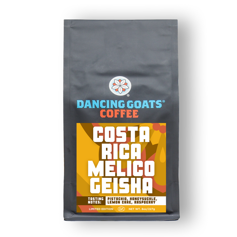 Dancing Goats Coffee Costa Rica Melico Geisha coffee bag on a white background