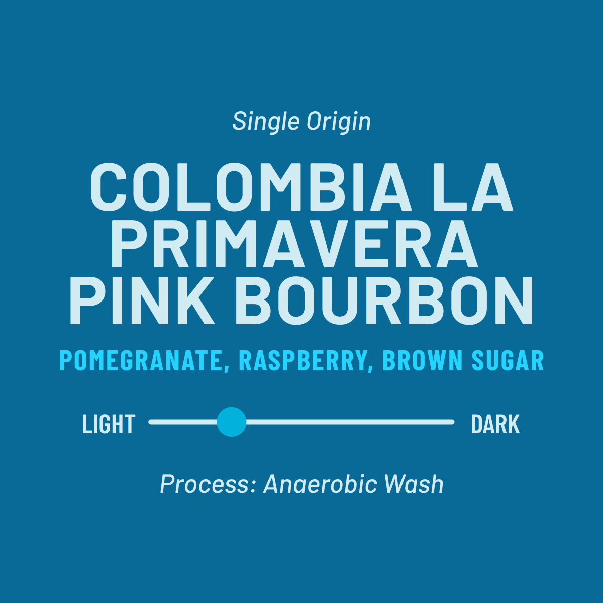 Colombia La Primavera Pink Bourbon coffee label with flavor notes and process details on a blue background.