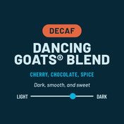 Dancing Goats Decaf Blend label with flavor description and color swatch on a dark background