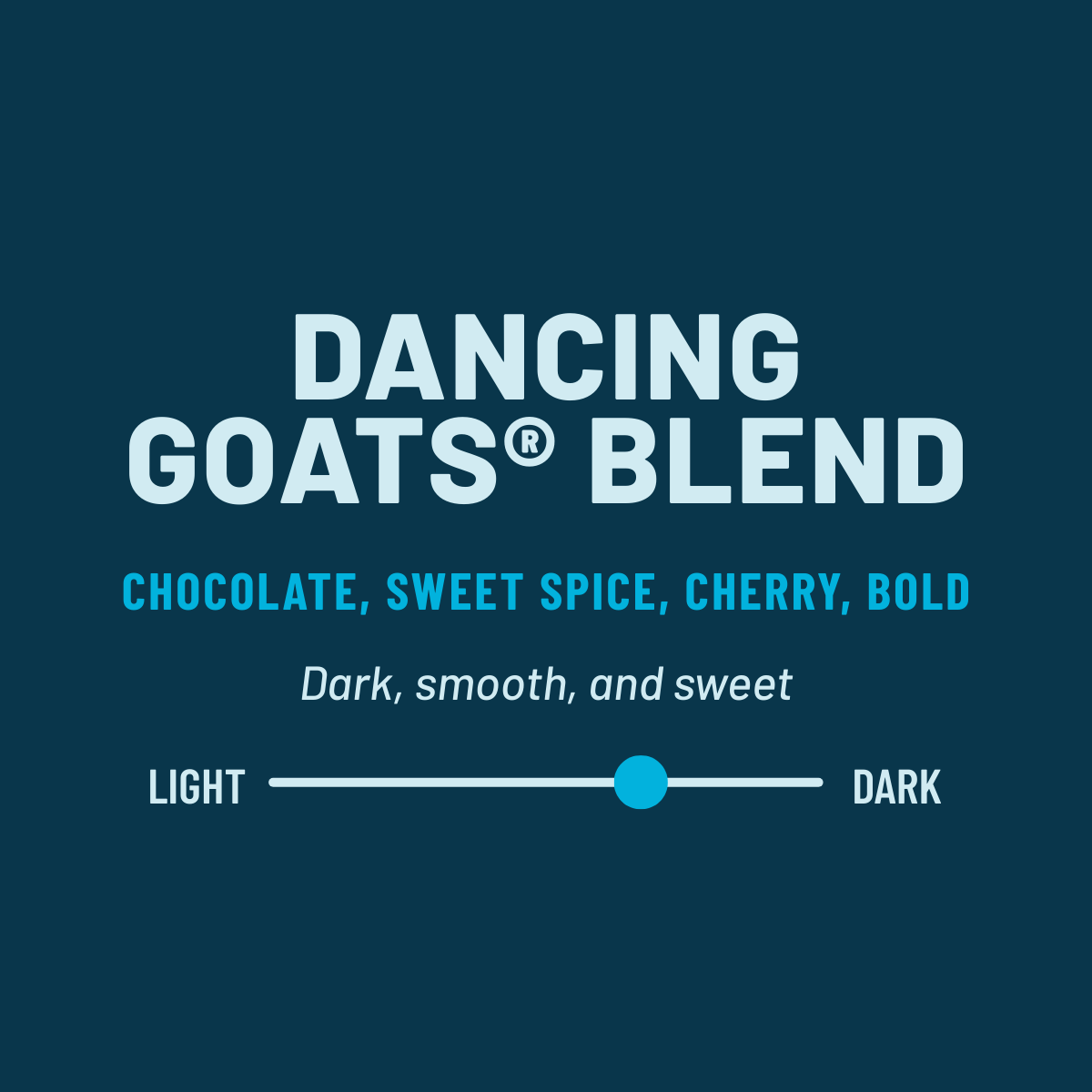 Dancing Goats Blend label with flavor description on a blue background