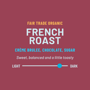 Fair Trade Organic French Roast coffee label with flavor description and color indicator on a red background.