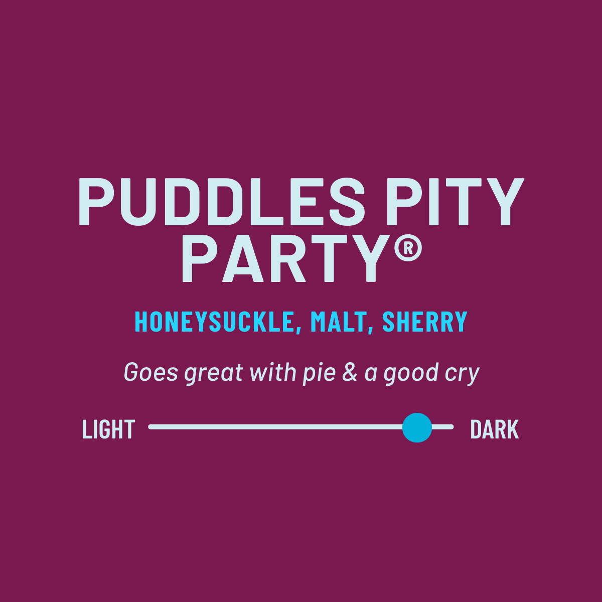 Promotional graphic for Puddles Pity Party with text and color options on a purple background