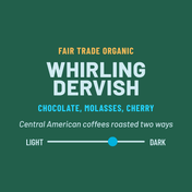 Coffee brand 'Whirling Dervish' description on a green background