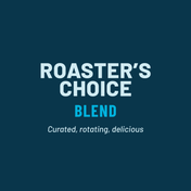ROASTERS CHOICE BLEND label with flavor description and process details on a blue background