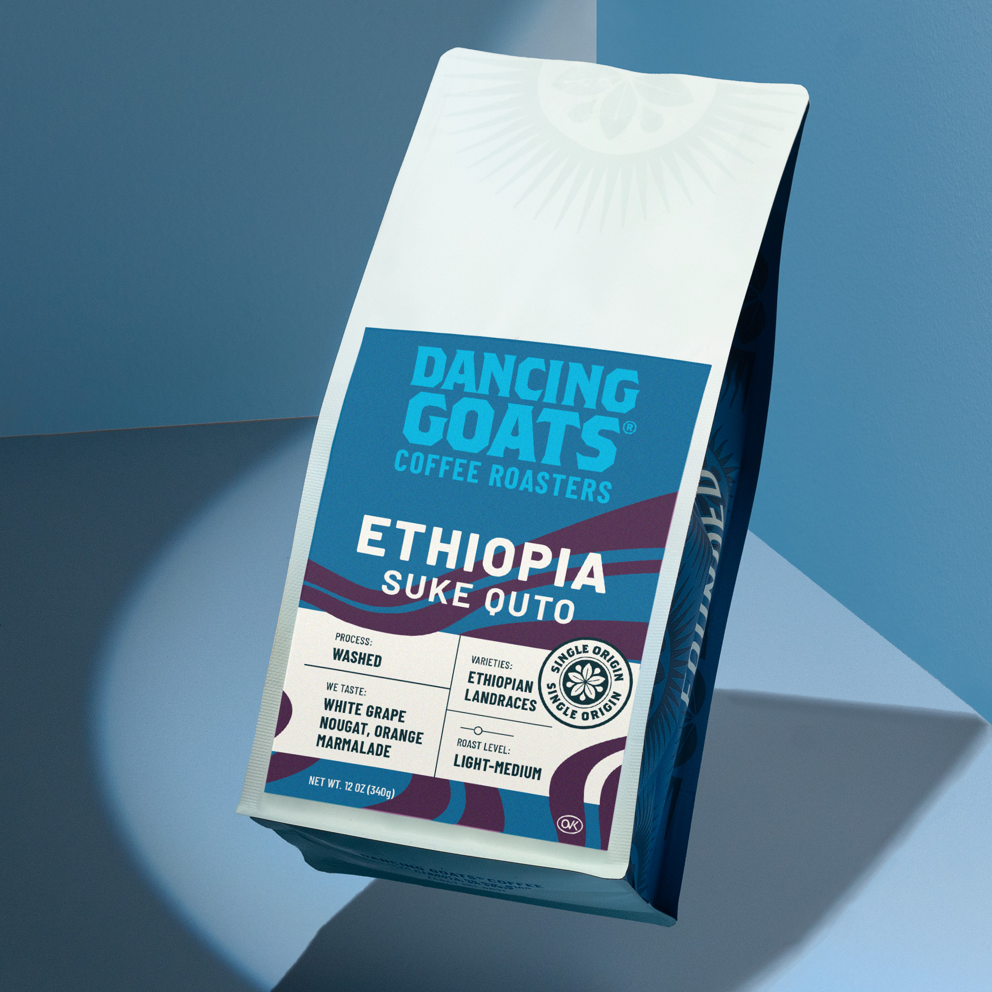 image of coffee bag on blue background with Ethiopia Suke Quto label