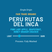 description of peru rutas del inca coffee: pink lady apple, grapefruit, and honey graham cracker on blue background