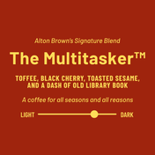  'The Multitasker' coffee blend by Alton Brown with text on a red background.