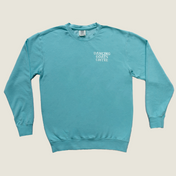 Blue sweater with Dancing Goats Coffee embroidery