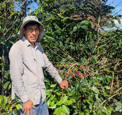 farmer standing in front of coffee plant