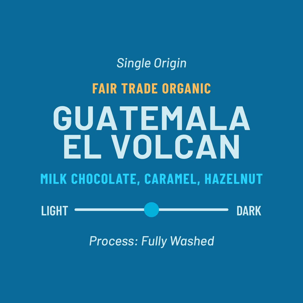 Guatemala El Volcan chocolate label with flavor description and process details on a blue background