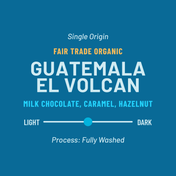 Guatemala El Volcan chocolate label with flavor description and process details on a blue background