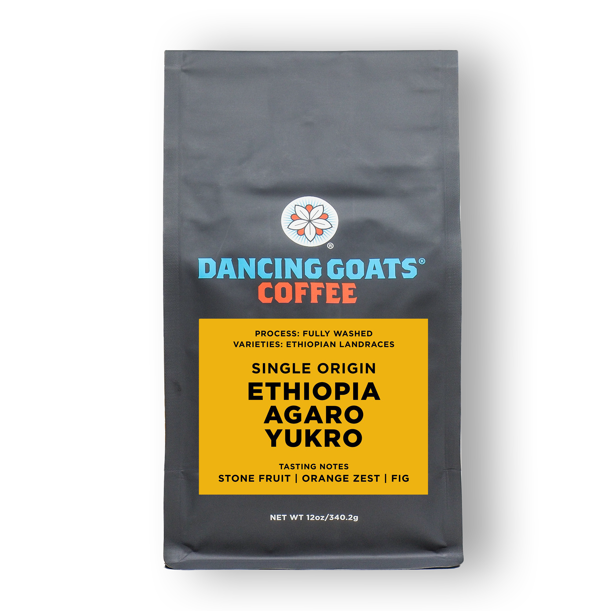 Dancing Goats Coffee bag with Ethiopia Agaro Yukro coffee on a white background