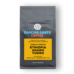 Dancing Goats Coffee bag with Ethiopia Agaro Yukro coffee on a white background