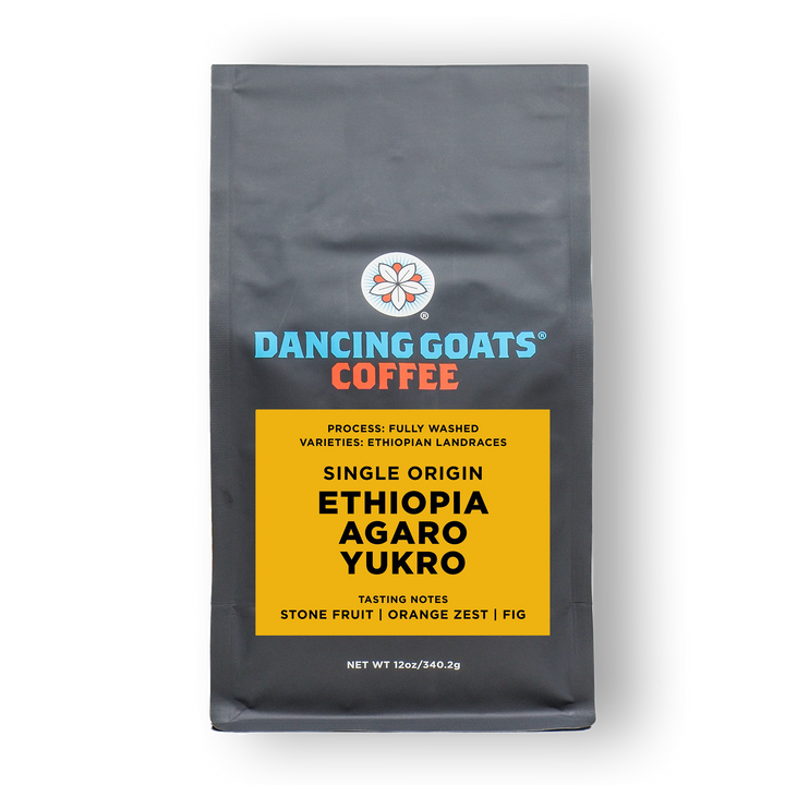 Dancing Goats Coffee bag with Ethiopia Agaro Yukro coffee on a white background