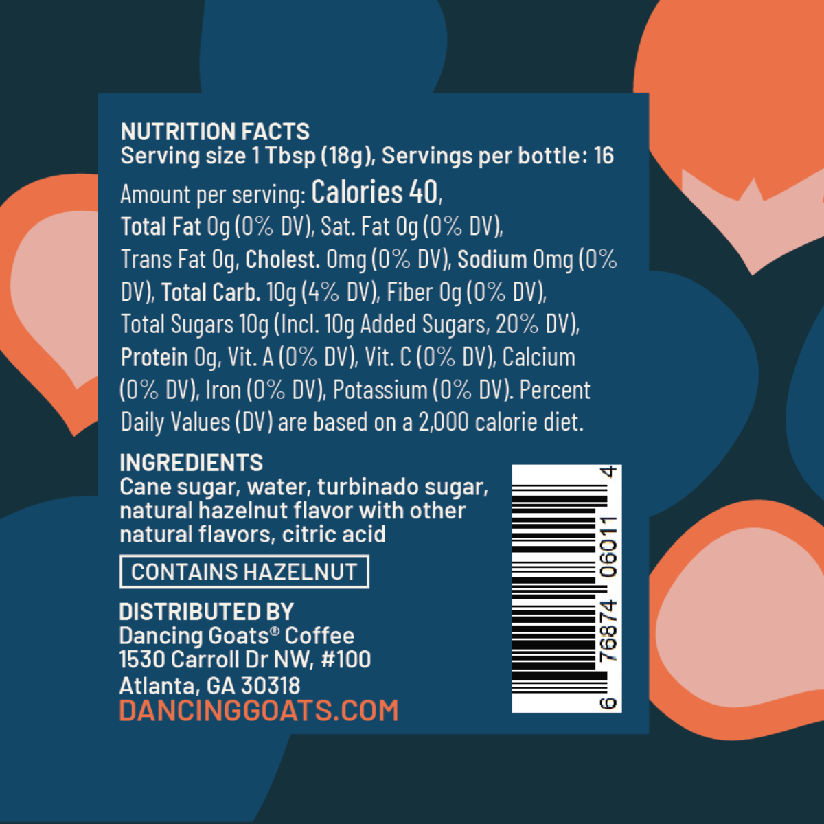 Back of a beverage box showing nutrition facts, ingredients, and a barcode on a dark blue background with abstract orange shapes. Visible text includes CONTAINS HAZELNUT, Dancing Goats Coffee and dancinggoats.