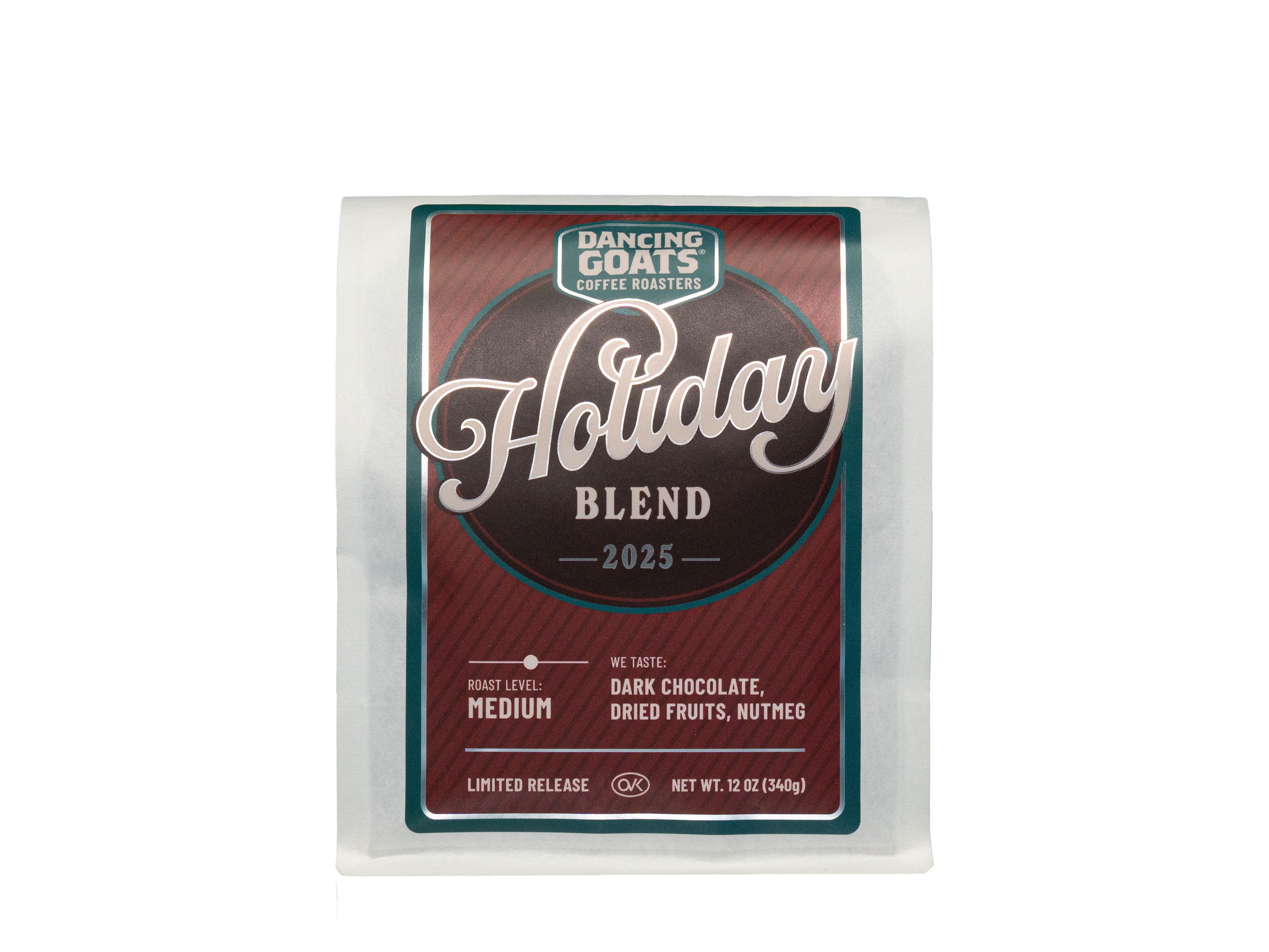 Dancing Goats Coffee Roasters Holiday Blend 2025 coffee package on a white background