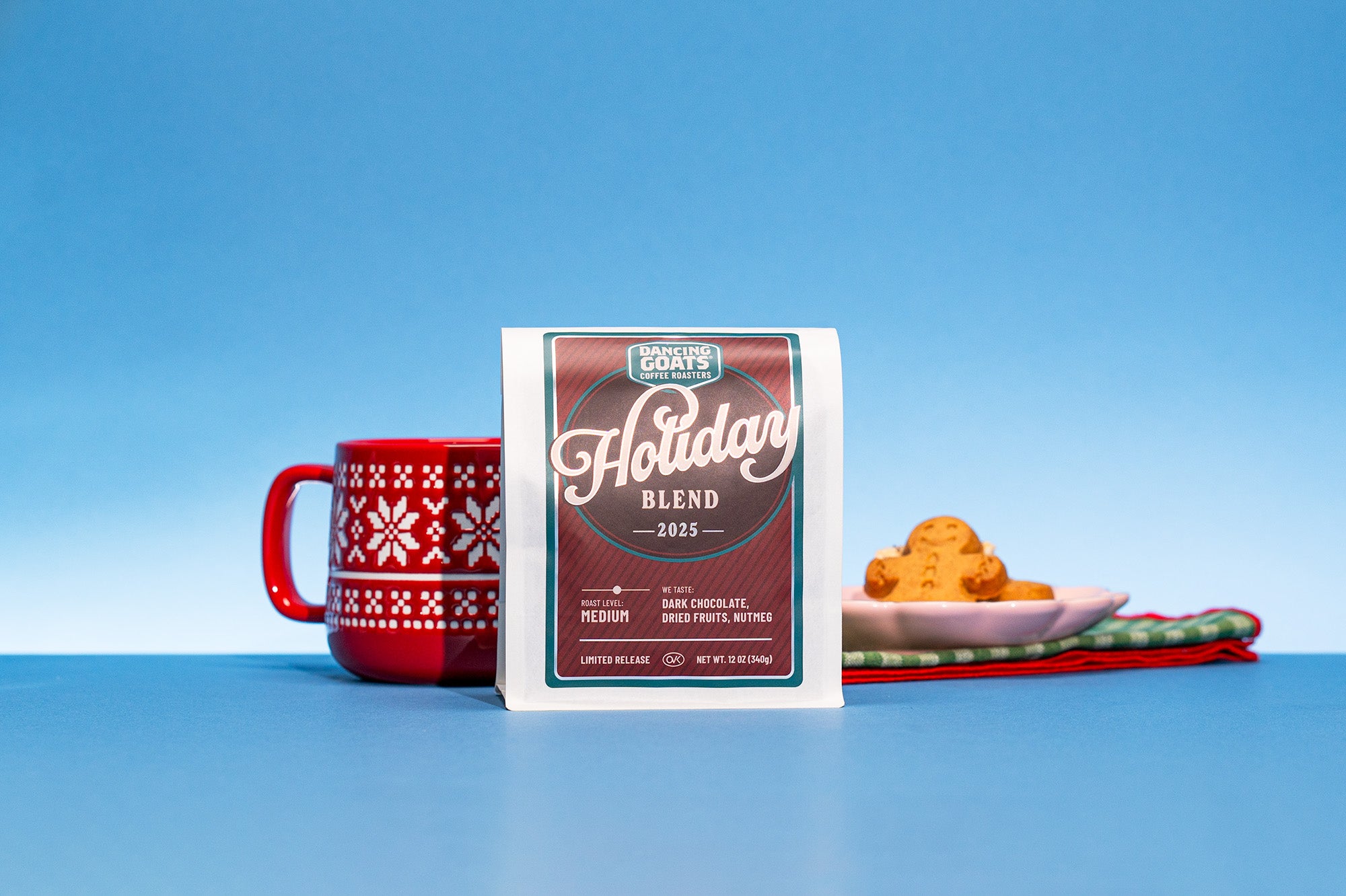 Holiday Blend coffee bag on blue background