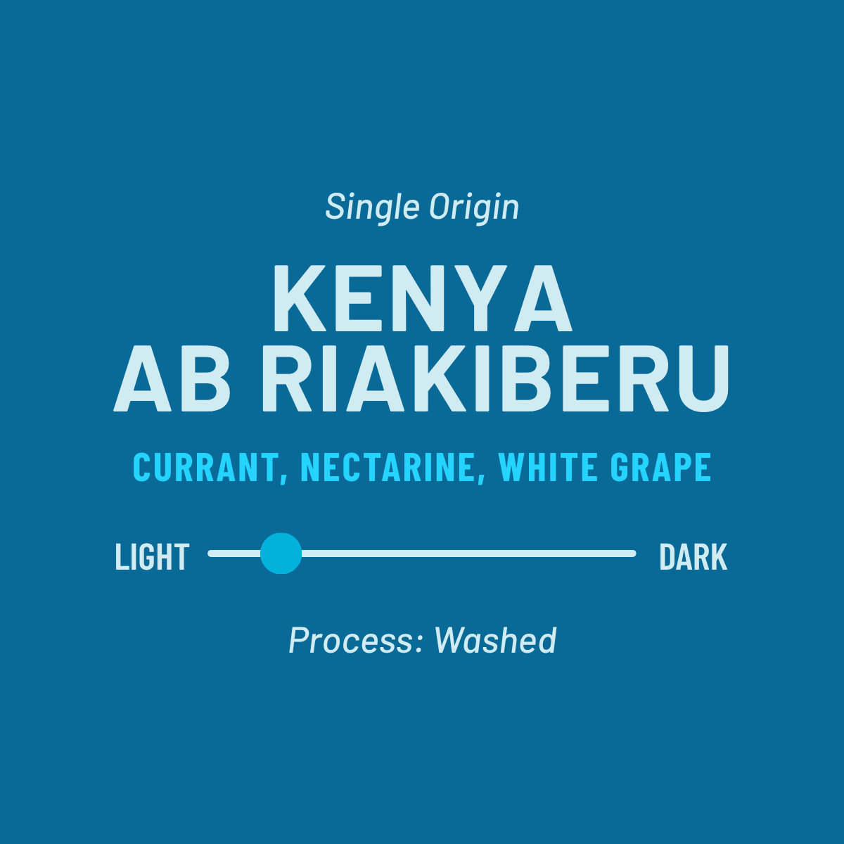 A blue graphic card with white and light blue text reading 'Single Origin KENYA AB RIAKIBERU' and 'CURRANT, NECTARINE, WHITE GRAPE,' plus a light-to-dark slider and 'Process: Washed.'.