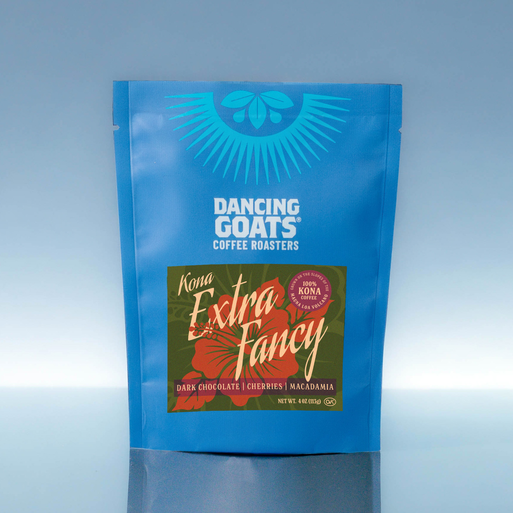 4oz blue bag of Kona Extra Fancy coffee