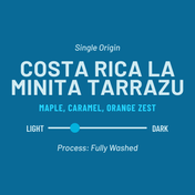 Coffee label for Costa Rica La Minita Tarrazu with flavor notes and process description on a blue background.