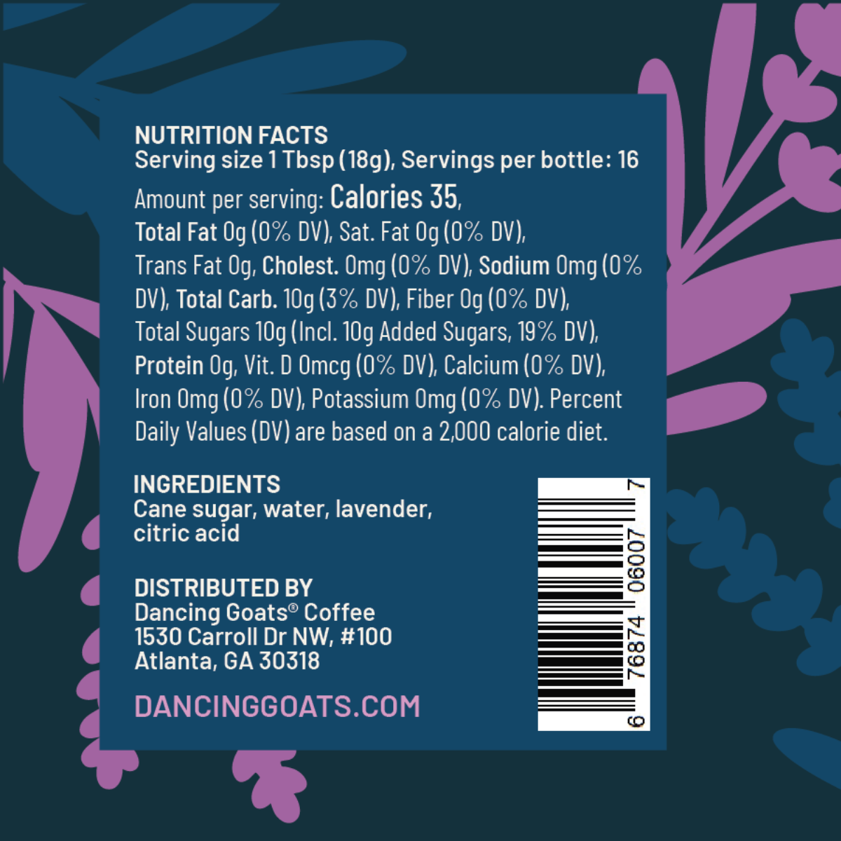 Back of a beverage package showing nutrition facts, ingredients, and a barcode on a dark teal background with purple botanical illustrations. Visible text includes Dancing Goats Coffee and dancinggoats.