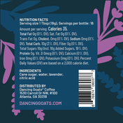 Back of a beverage package showing nutrition facts, ingredients, and a barcode on a dark teal background with purple botanical illustrations. Visible text includes Dancing Goats Coffee and dancinggoats.