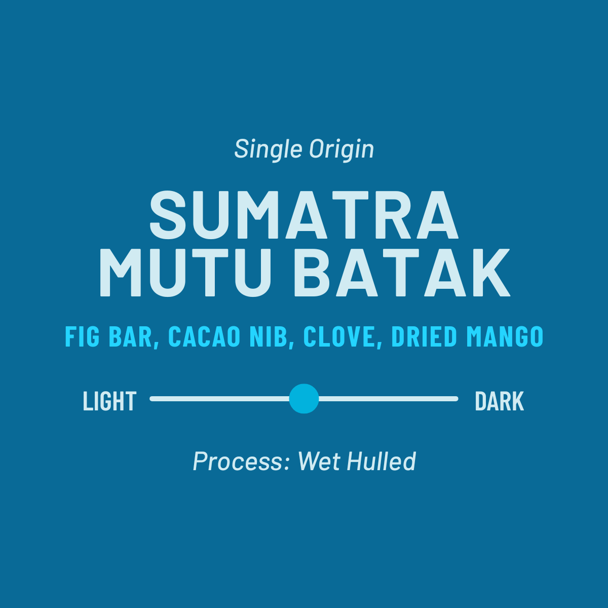 Sumatra Mutu Batak coffee label with flavor details on a blue background